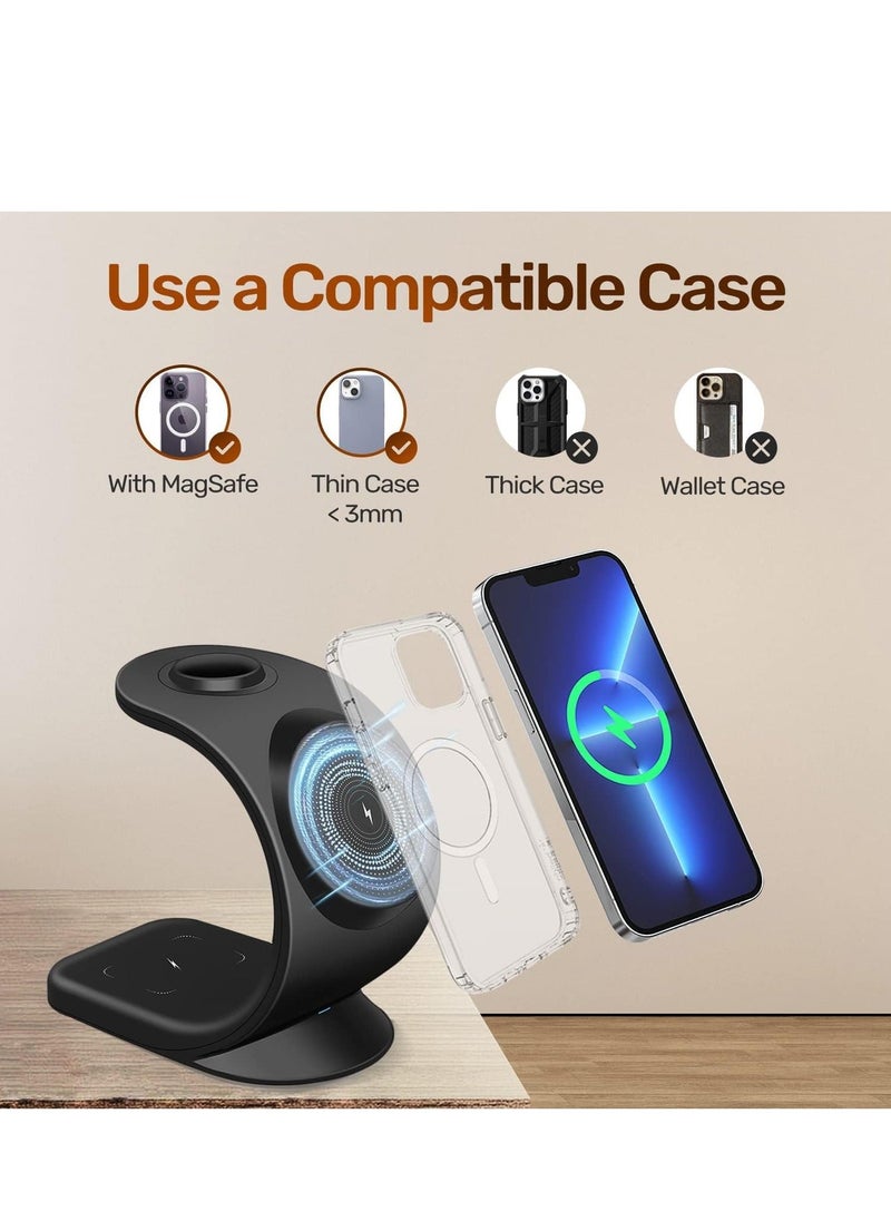 Generic - 3 in 1 Magnetic Wireless Charger, with USB-C Adapter, Charging Station Compatible with MagSafe Stand for Apple iPhone 14 13 12 Plus Pro Max, iWatch 1-8 (Black) - Image 1