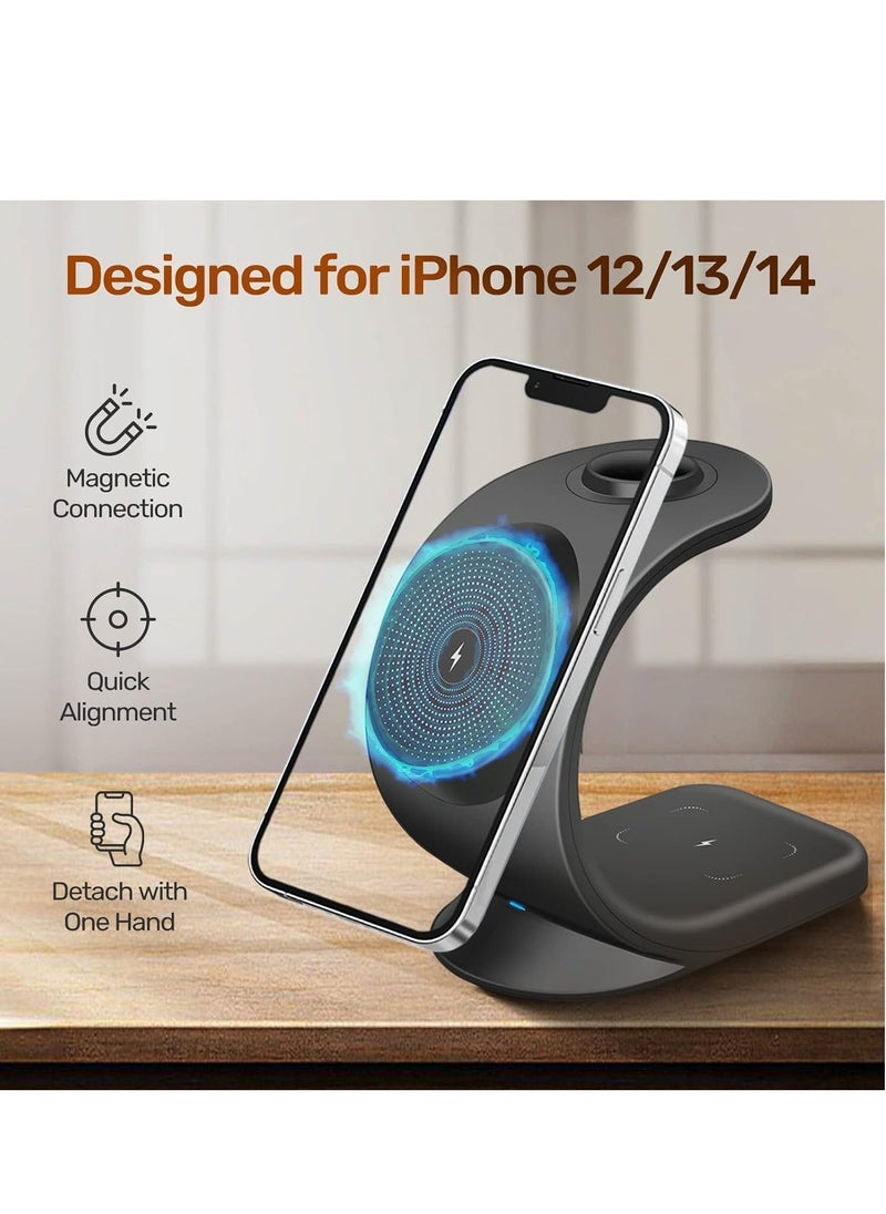 Generic - 3 in 1 Magnetic Wireless Charger, with USB-C Adapter, Charging Station Compatible with MagSafe Stand for Apple iPhone 14 13 12 Plus Pro Max, iWatch 1-8 (Black) - Image 1
