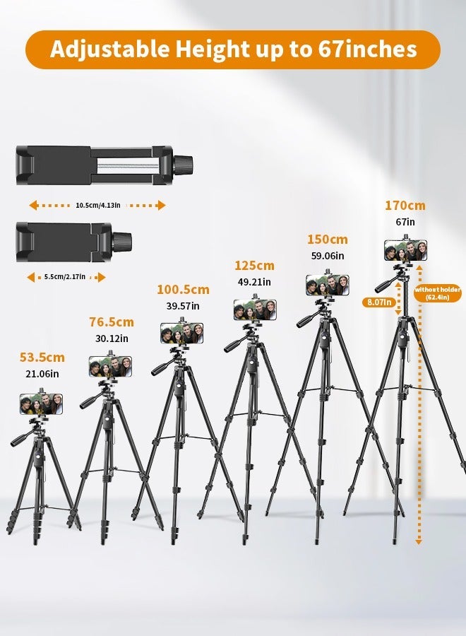 TONEOF 170cm Camera Tripod, 67" Camera Tripod with Travel Bag, Cell Phone Tripod with Remote, Aluminum Portable Tripod Stand with Phone Tripod Mount & 1/4”Screw, for Phone/Camera/Projector/DSLR/SLR - Image 2