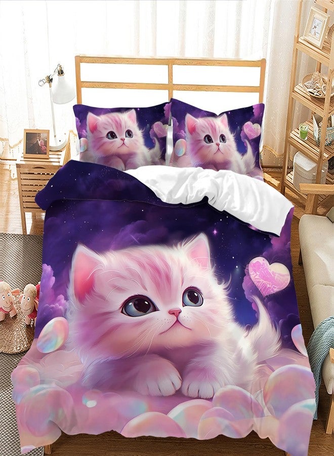 AILONEN Girls Cat Duvet Cover Set Full Size, 3 Pieces Kids Bedding Cartoon Comforter Cover Set, Purple Fantasy Pet Bedding Set for Kids Girls, Sky Clouds Quilt Cover and 2 Pillowcases - Image 1