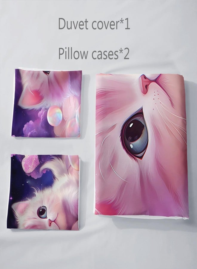 AILONEN Girls Cat Duvet Cover Set Full Size, 3 Pieces Kids Bedding Cartoon Comforter Cover Set, Purple Fantasy Pet Bedding Set for Kids Girls, Sky Clouds Quilt Cover and 2 Pillowcases - Image 4