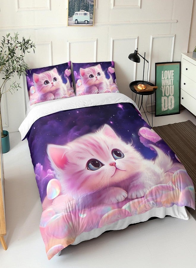 AILONEN Girls Cat Duvet Cover Set Full Size, 3 Pieces Kids Bedding Cartoon Comforter Cover Set, Purple Fantasy Pet Bedding Set for Kids Girls, Sky Clouds Quilt Cover and 2 Pillowcases - Image 2
