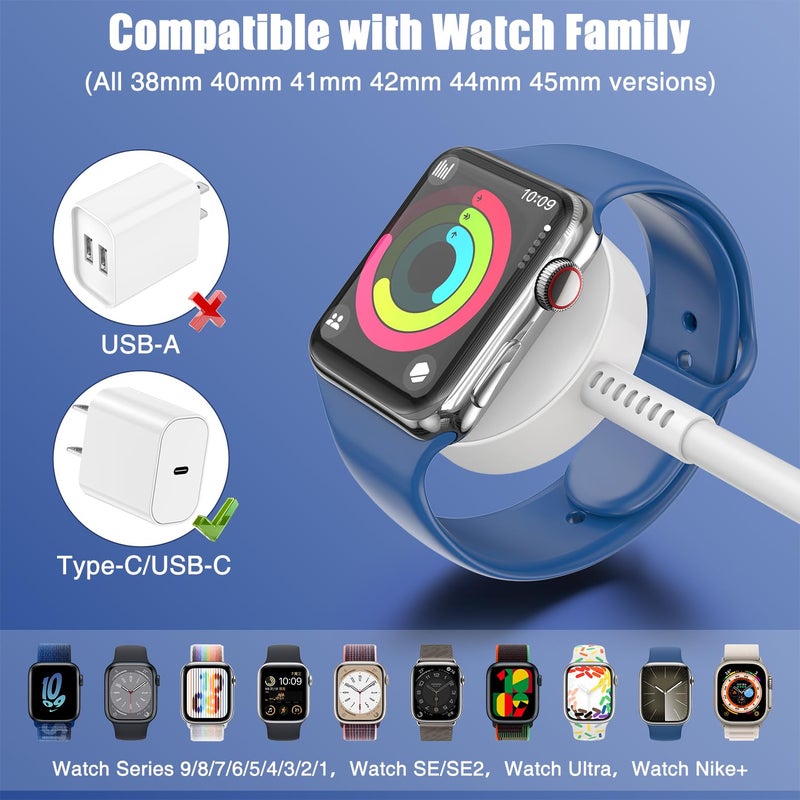 Essri 2Pack for Apple Watch Charger USB C Magnetic iWatch Charger Cable Fast Charging Cord Compatible with Watch Ultra2 Ultra Series 9 8 7 6 SE SE2 5 4 3 2 1-3FT(1M) White - Image 3