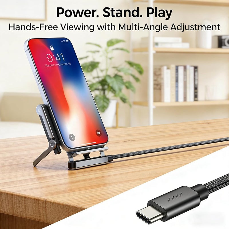 1.5 M 240W Braided Fast Charge Cable with Built-in Phone Stand, 2026 New T-Shaped Durable USB-C to USB-C Charger Cord, Charging Cord with Foldable Phone Holder - Image 4
