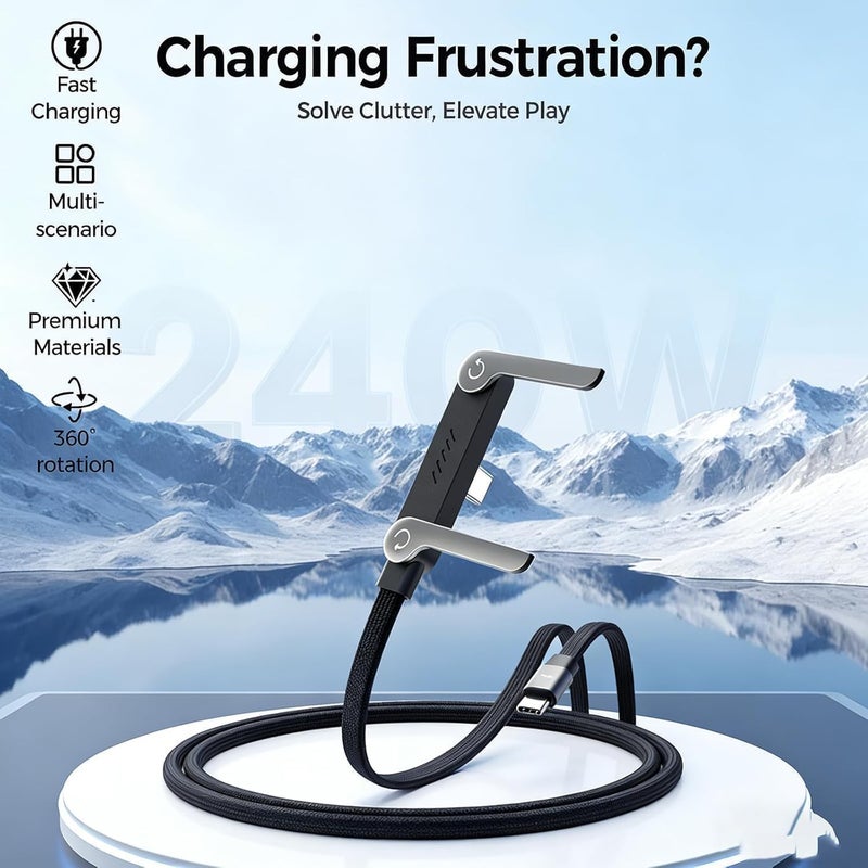 1.5 M 240W Braided Fast Charge Cable with Built-in Phone Stand, 2026 New T-Shaped Durable USB-C to USB-C Charger Cord, Charging Cord with Foldable Phone Holder - Image 3