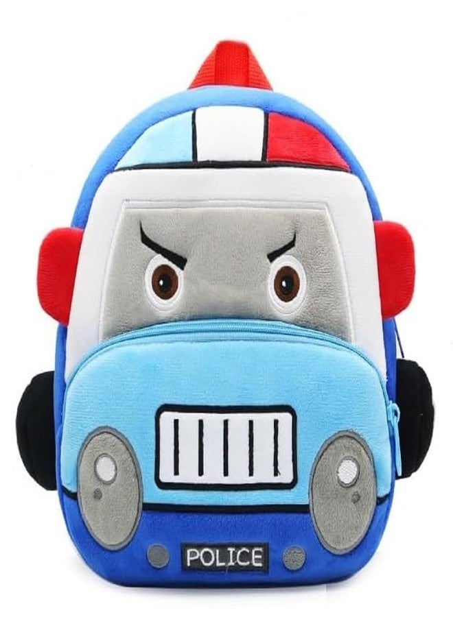 btc School Bag for Cute Kids for (1-6 Years), Embroidery Soft Plush Police Van Blue Bag for Toddlers, Cartoon Backpack for Baby Boys and Girls - Image 1