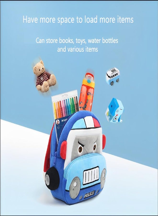 btc School Bag for Cute Kids for (1-6 Years), Embroidery Soft Plush Police Van Blue Bag for Toddlers, Cartoon Backpack for Baby Boys and Girls - Image 3
