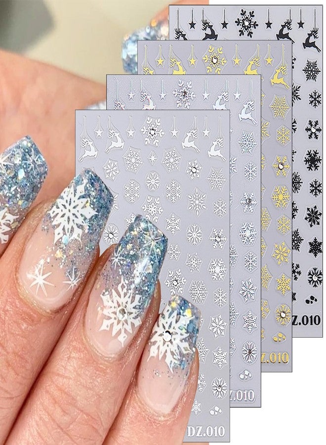 FDSQHSA 4sheets Snowflake Nail Stickers 3D Self Adhesive Christmas Nail Art Stickers Black White Gold Silver Deer Snowflake Nail Decals with Diamond Winter Xmas Nail Design Decoration for Women Girl - Image 1