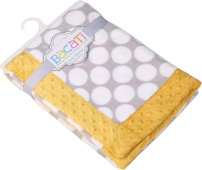 Bacati Grey Ikat Dots with Border Plush Blanket, Grey/Yellow, 30" x 40" - Image 1