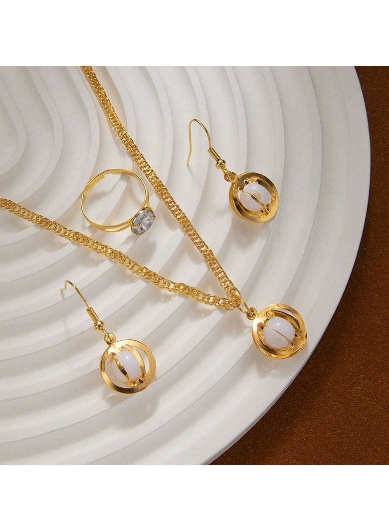 Goolsky Best-Selling Hollow Circle Pearl Jewelry Set – 3-Piece Necklace, Earrings & Ring for Women, Sweet & Elegant Fairycore Look