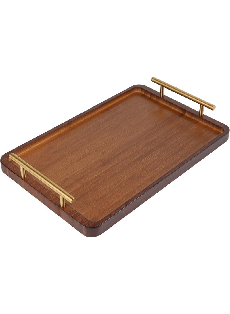 جُودِيَّة صينية عشاء من الخيزران بمقبض معدني، صينية تقديم للحلويات والكعك وأكواب الشاي، مثالية لتزيين طاولة الشاي في المنزل، وصينية عشاء لتقديم القهوة والإفطار والعشاء والمزيد، بمقاس ٣٦×٢٥×٢ سم - Image 1