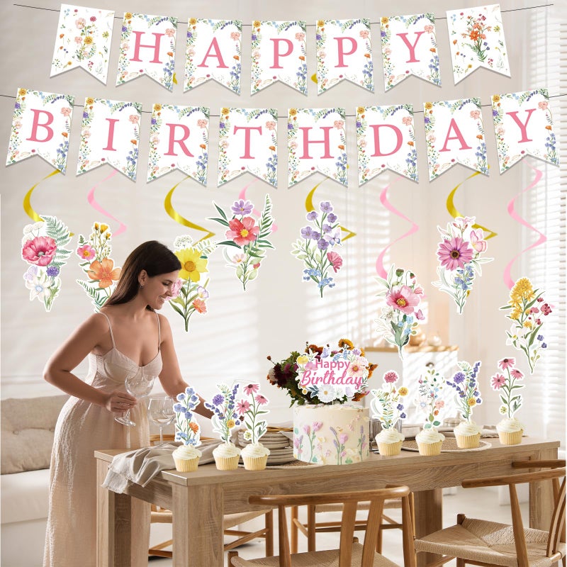 Rngmsi Wildflower Birthday Party Decorations - 35PCS Wildflower Happy Birthday Banners and Hanging Swirls Decoration for Girls Floral Cake Cupcake Toppers Party Decor Flower Theme Supplies for Women - Image 4