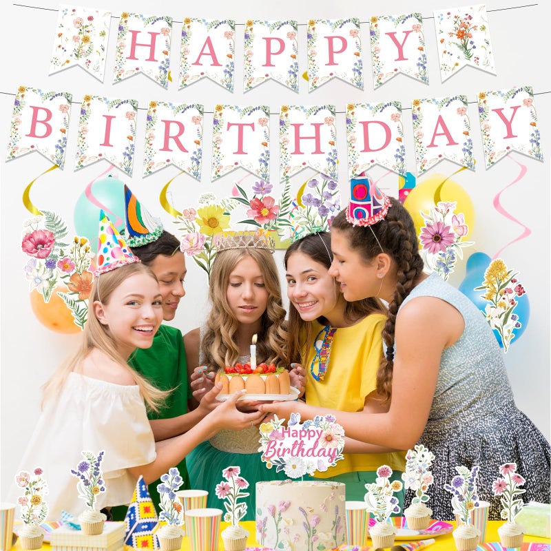 Rngmsi Wildflower Birthday Party Decorations - 35PCS Wildflower Happy Birthday Banners and Hanging Swirls Decoration for Girls Floral Cake Cupcake Toppers Party Decor Flower Theme Supplies for Women - Image 5