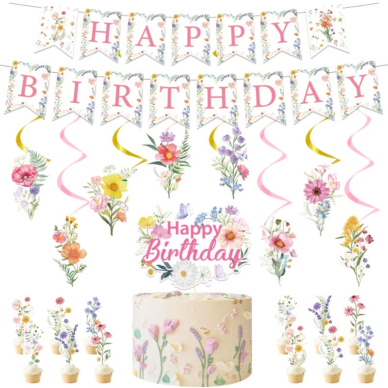 Rngmsi Wildflower Birthday Party Decorations - 35PCS Wildflower Happy Birthday Banners and Hanging Swirls Decoration for Girls Floral Cake Cupcake Toppers Party Decor Flower Theme Supplies for Women - Image 1