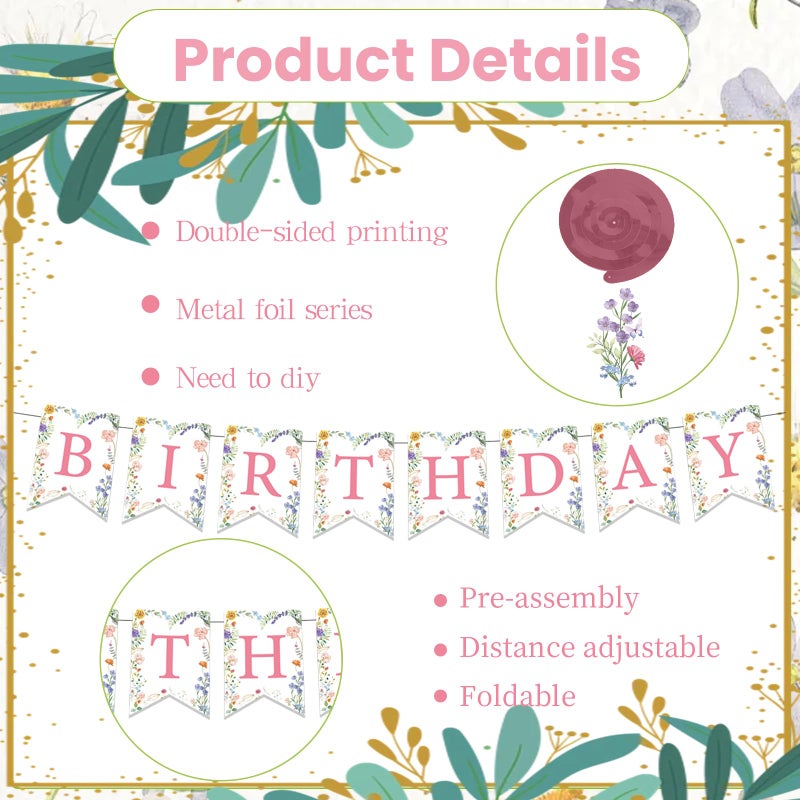 Rngmsi Wildflower Birthday Party Decorations - 35PCS Wildflower Happy Birthday Banners and Hanging Swirls Decoration for Girls Floral Cake Cupcake Toppers Party Decor Flower Theme Supplies for Women - Image 3