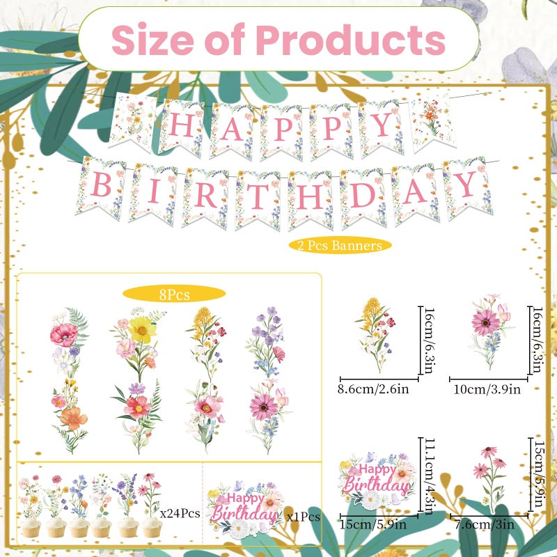 Rngmsi Wildflower Birthday Party Decorations - 35PCS Wildflower Happy Birthday Banners and Hanging Swirls Decoration for Girls Floral Cake Cupcake Toppers Party Decor Flower Theme Supplies for Women - Image 2