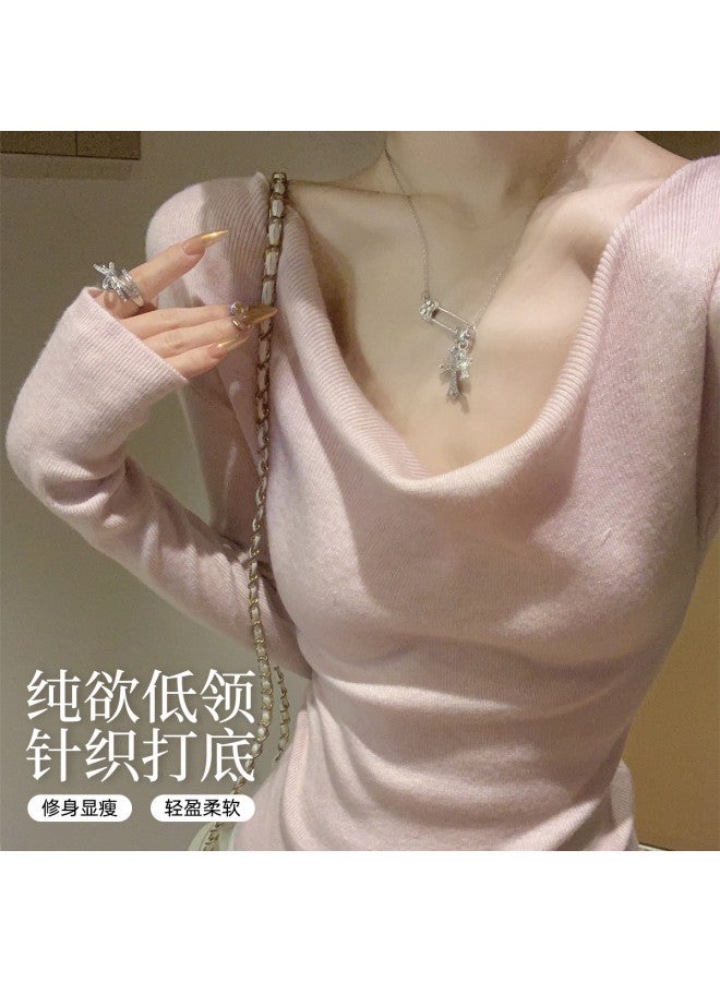 Modal Pure And Style Pink Low-Collar Inner Wear Slim Fit Design High-End Sweater Long Sleeve Knit Top Women'S - Image 2