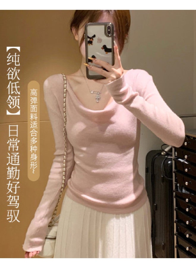 Modal Pure And Style Pink Low-Collar Inner Wear Slim Fit Design High-End Sweater Long Sleeve Knit Top Women'S - Image 1