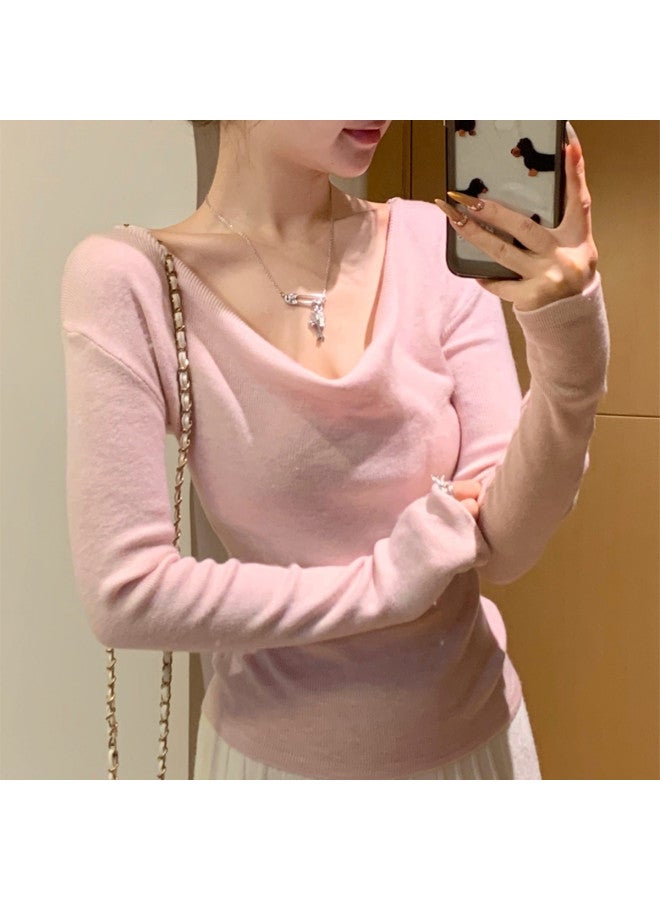 Modal Pure And Style Pink Low-Collar Inner Wear Slim Fit Design High-End Sweater Long Sleeve Knit Top Women'S - Image 4