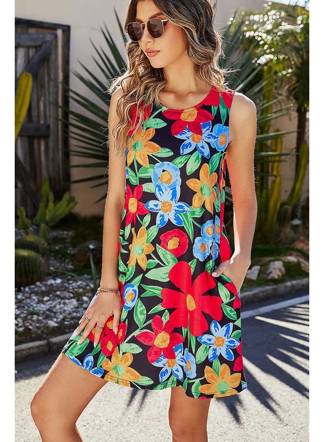SimpleFun Floral Dresses for Women Summer Tshirt Sun Dresses Casual Loose Shift Tank Dress Floral Black,L - Image 3