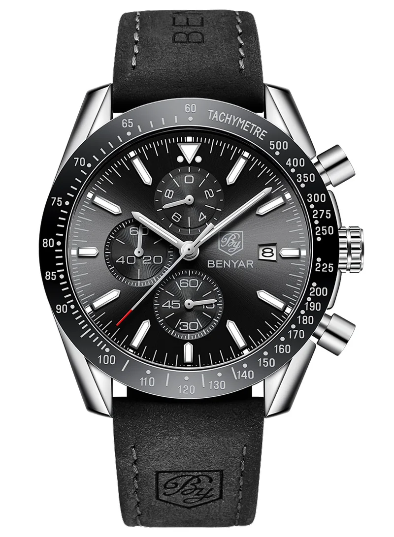 بينيار بواسطة بينيار الرجال ساعة كرونوغراف 30 متر للماء مضيئة كلاسيكية ساعات الأزياء رقم كبير تاريخ التناظرية ساعة الكوارتز هدية أنيقة للرجال