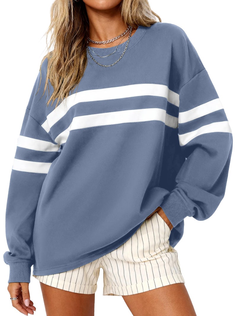 MASCOMODA Women's 2026 Striped Oversized Sweatshirt Spring Crewneck Long Sleeve Shirts Casual Color Block Pullover Tops(Grey Blue,X-Large) - Image 1