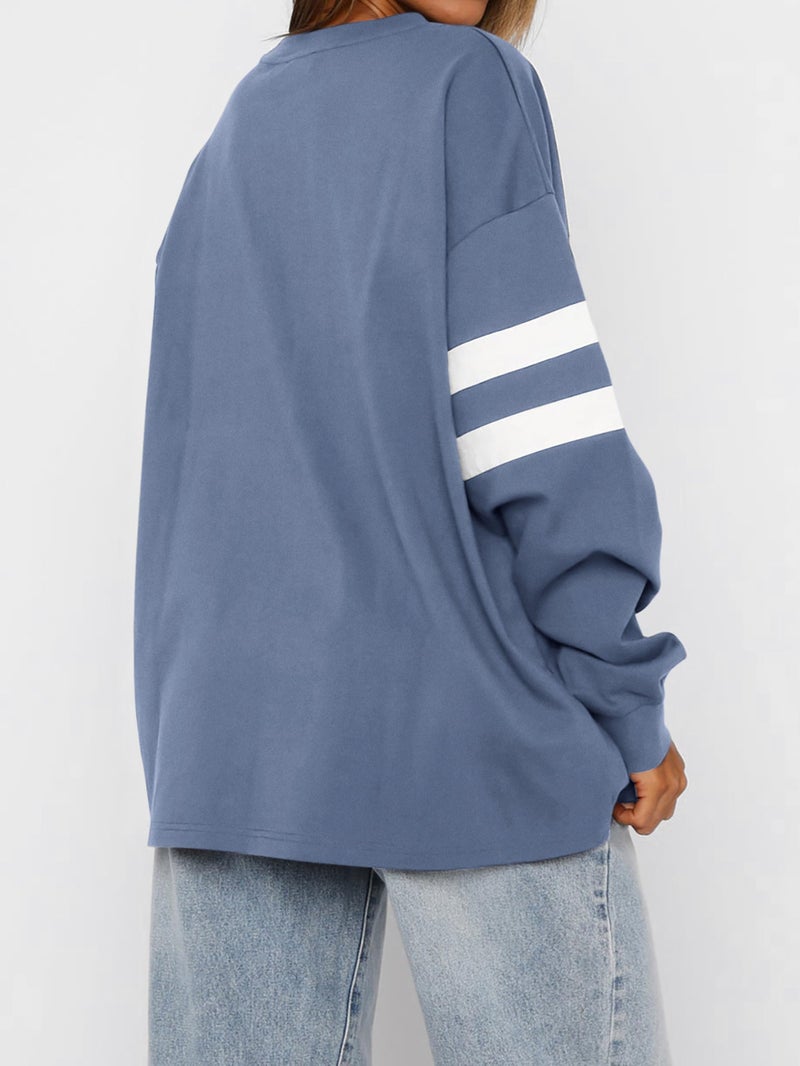 MASCOMODA Women's 2026 Striped Oversized Sweatshirt Spring Crewneck Long Sleeve Shirts Casual Color Block Pullover Tops(Grey Blue,X-Large) - Image 5