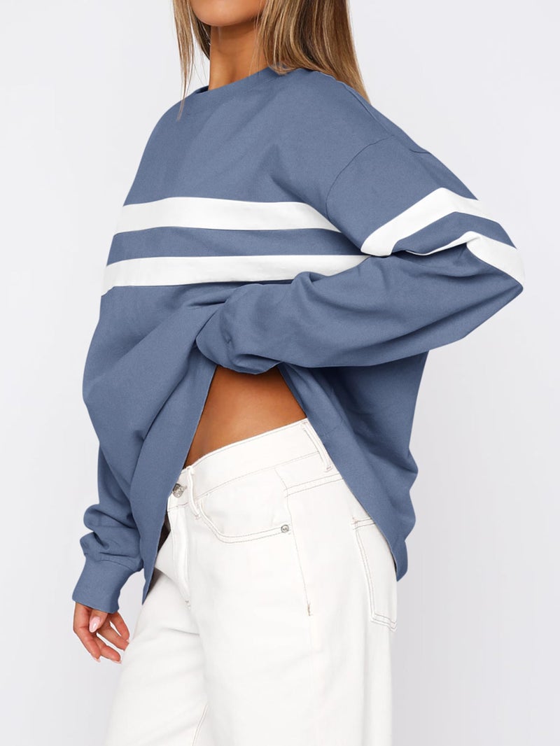 MASCOMODA Women's 2026 Striped Oversized Sweatshirt Spring Crewneck Long Sleeve Shirts Casual Color Block Pullover Tops(Grey Blue,X-Large) - Image 3