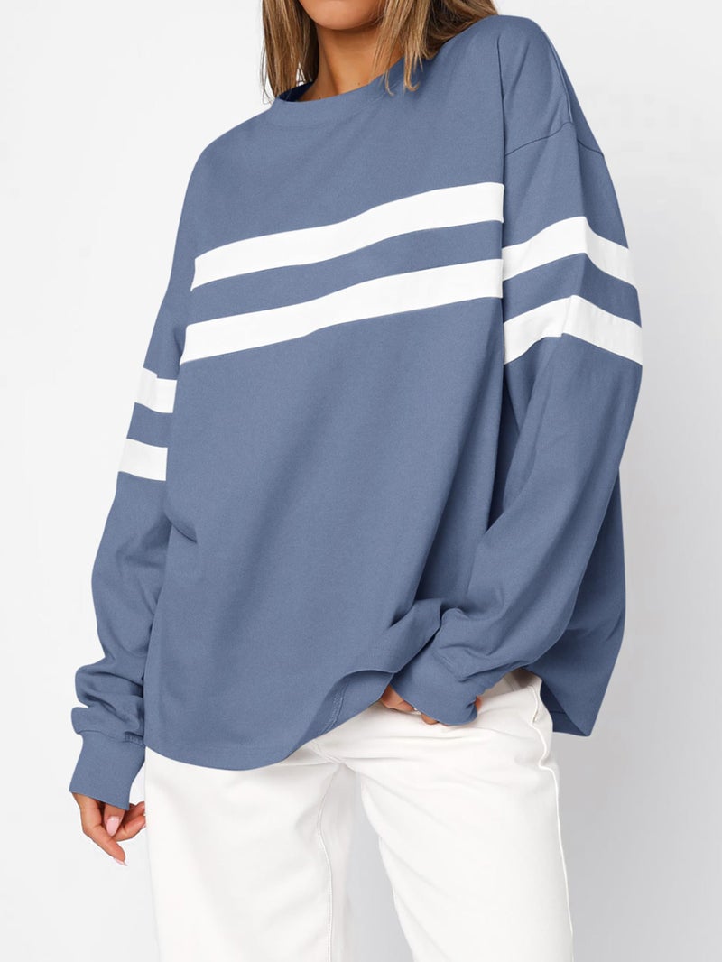 MASCOMODA Women's 2026 Striped Oversized Sweatshirt Spring Crewneck Long Sleeve Shirts Casual Color Block Pullover Tops(Grey Blue,X-Large) - Image 2