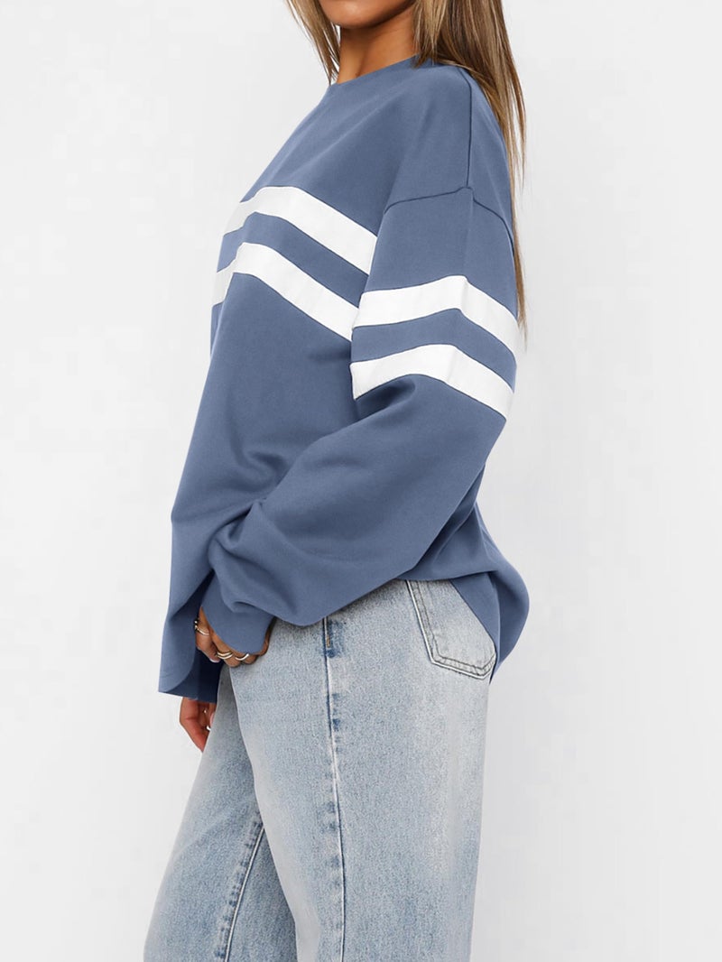 MASCOMODA Women's 2026 Striped Oversized Sweatshirt Spring Crewneck Long Sleeve Shirts Casual Color Block Pullover Tops(Grey Blue,X-Large) - Image 4