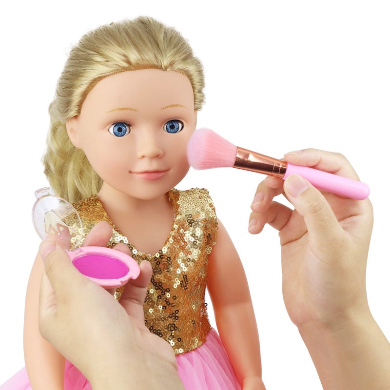 Ecore Fun 19-Piece 18 Inch Doll Clothes & Makeup Set with Dress Cosmetic Bag Brushes Eye Shadow Blushers Hairclip Hair-Ties Combs Mirror Nail File Accessories  Gift for Ages 3+ - Image 3