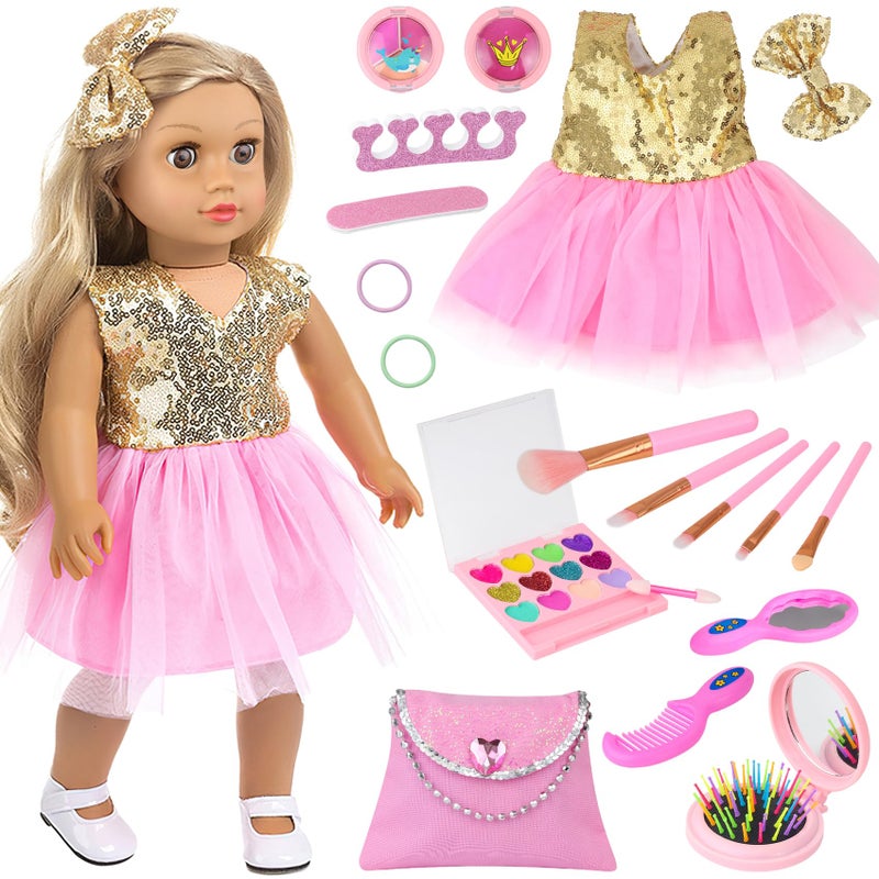 Ecore Fun 19-Piece 18 Inch Doll Clothes & Makeup Set with Dress Cosmetic Bag Brushes Eye Shadow Blushers Hairclip Hair-Ties Combs Mirror Nail File Accessories  Gift for Ages 3+ - Image 1