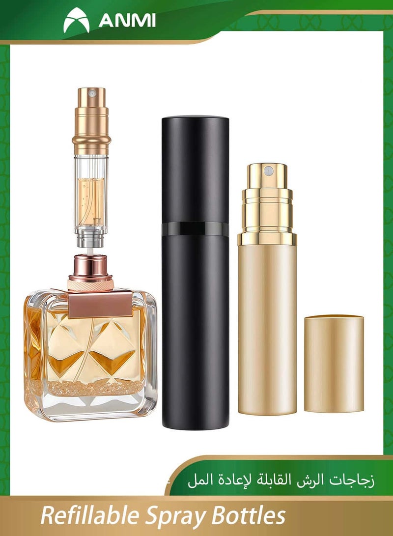 Anmi T2pcs Portable Travel Refillable Spray Bottles 5ML, Bottom Refill (Black+Gold) - Image 1