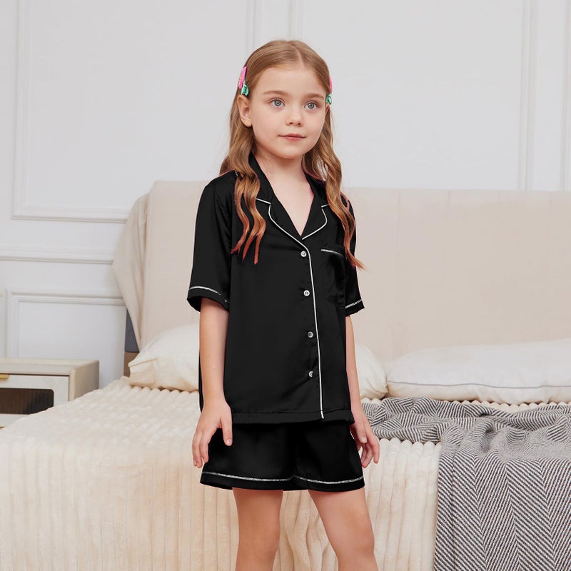 QPANCY Kids Satin Pajamas Sets Toddler Girls Boys Button-Down Black Pjs Short Sleeve Silk Nightwear 2 Piece Lounge Sets 4T 5T - Image 2