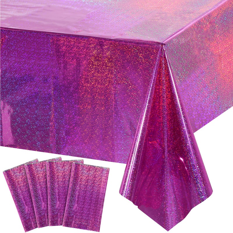 FunnyPars 4 Pack Iridescence Plastic Tablecloths Shiny Disposable Laser Rectangle Table Covers Holographic Foil Tablecloth Iridescent Party Decoration Birthday Bridal Wedding 54 x 108PinkPurple