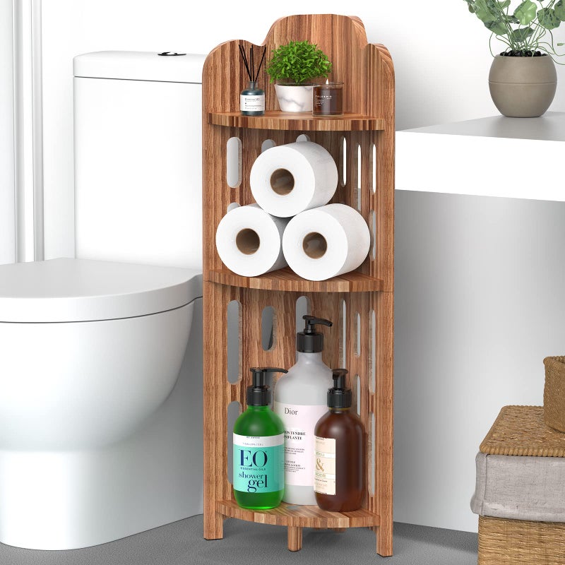 Meangood Bathroom Corner Shelf Stand, 3 Tier Pine Wood Display Shelf for Narrow Space, Shower Corner Shelf, Plant Stand Nightstand, for Living Room, Bedroom, Home Office, Elegant - Image 1