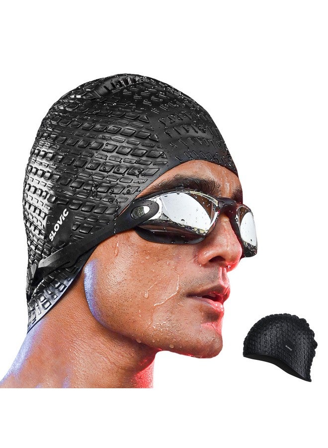 سلوفيك قبعات سباحة منقوشة باللون الأسود من SLOVIC للرجال والنساء ذوي الشعر الطويل | قبعة سباحة مقاومة للماء من السيليكون | مقاس حر لملاءمة رائعة | بدون سحب للشعر | تمنع التلف الكيميائي - Image 1