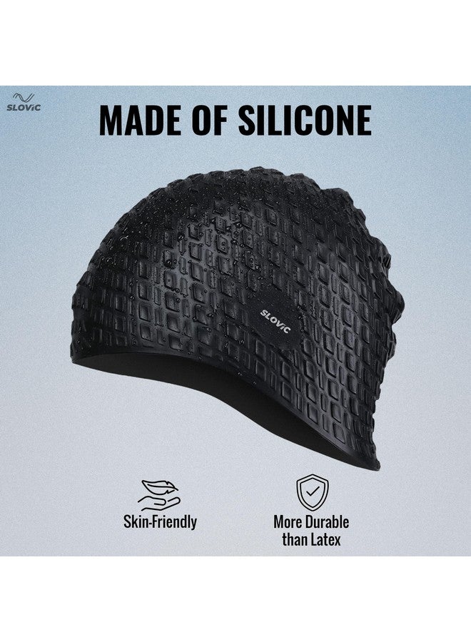 سلوفيك قبعات سباحة منقوشة باللون الأسود من SLOVIC للرجال والنساء ذوي الشعر الطويل | قبعة سباحة مقاومة للماء من السيليكون | مقاس حر لملاءمة رائعة | بدون سحب للشعر | تمنع التلف الكيميائي - Image 4