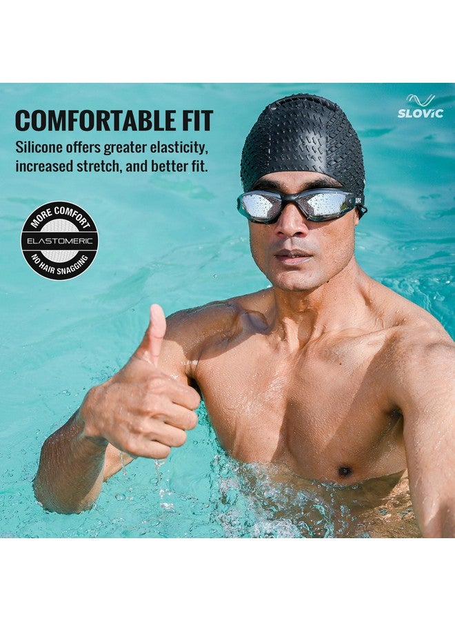 سلوفيك قبعات سباحة منقوشة باللون الأسود من SLOVIC للرجال والنساء ذوي الشعر الطويل | قبعة سباحة مقاومة للماء من السيليكون | مقاس حر لملاءمة رائعة | بدون سحب للشعر | تمنع التلف الكيميائي - Image 3