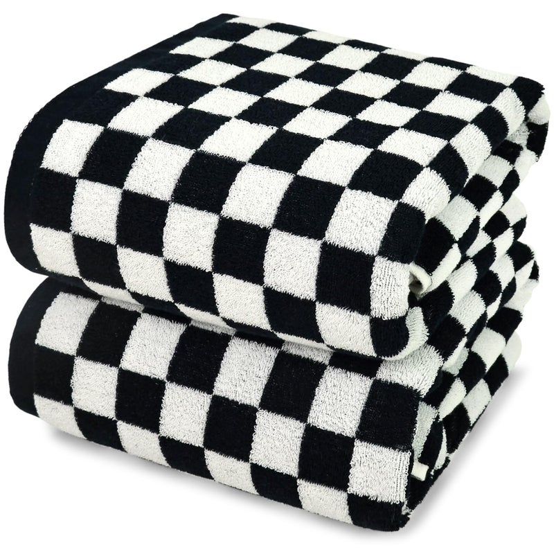 Jacquotha Black and White Checkered Cotton Bath Towels Set of 2 - Cute Aesthetic Towels for Bathroom Decor, Pool, Beach, Spa, 27.5" x 55" - Image 1