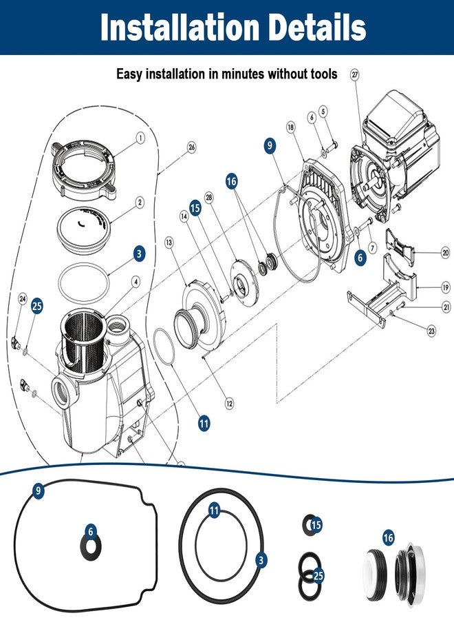 Tobaiwind O-Ring Rebuild Repair Kit Fit for Pentair Whisperflo/Intelliflo Pool Pump Shaft Seal Gasket, Drain Plug/Lid/Diffuser Black Impeller Gasket, PS-1000 Pump Seal Kit For Pumps Built 2-1-2008 And Later - Image 5