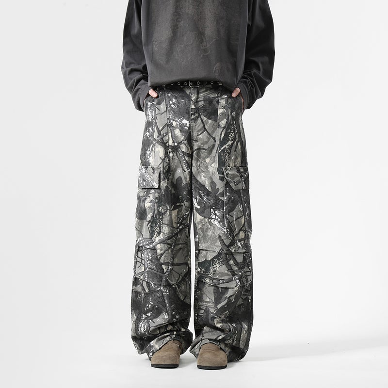 Camouflage Cargo Jeans Mens 2024 Spring and Autumn New American-style hiphop Washed Loose Straight Wide-leg Pants Deciduous gray 