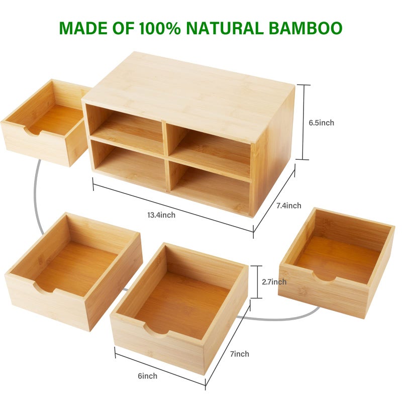Charmewooden Bamboo Desk Organizer With Drawers Countertop Drawers Counter Storage Box Corner Desk Organizer for Home Office No Assembly Required (4 Drawers) - Image 2