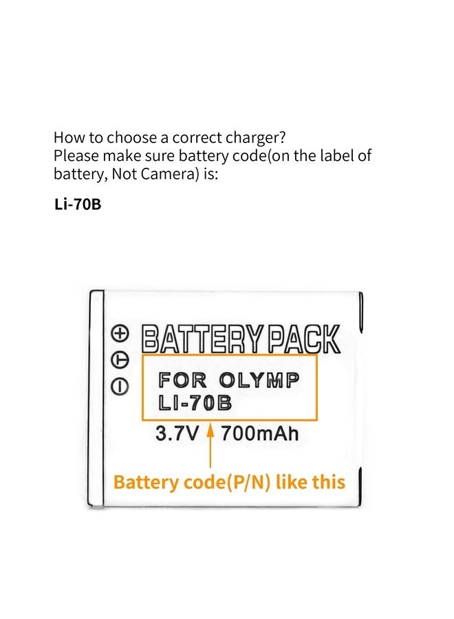 شاحن USB LCD LI-70B لكاميرات أوليمبوس D-700، D-705، D-710، D-715، D-745، FE-4020، FE-4040، FE-5040، VG-110، VG-120، VG-130، VG-140، VG-145، VG-150، VG-160، X-940، X-990 والمزيد
