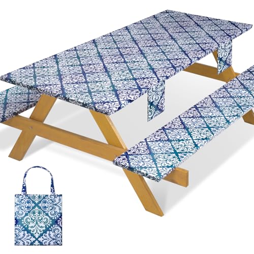 memKiya Fitted Waterproof Picnic Table Cover with Bench Covers Elastic Reusable Camping Table Cloths for 6Ft Rectangle Tables Summer Camp Motorhome Party Gear Outdoors Car Travel Trailer Gadgets Gift - Image 1