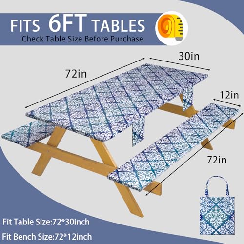 memKiya Fitted Waterproof Picnic Table Cover with Bench Covers Elastic Reusable Camping Table Cloths for 6Ft Rectangle Tables Summer Camp Motorhome Party Gear Outdoors Car Travel Trailer Gadgets Gift - Image 2