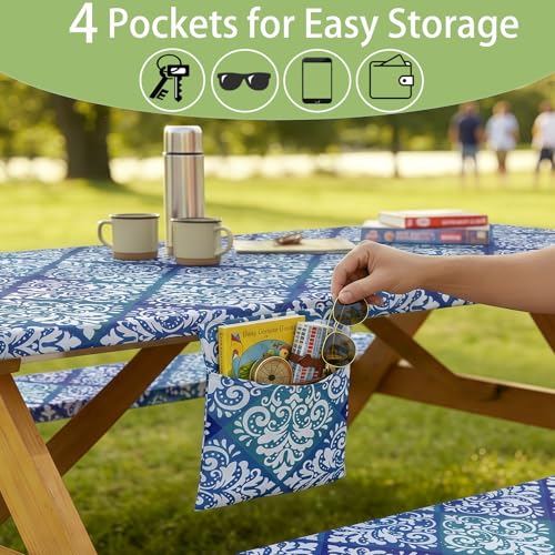 memKiya Fitted Waterproof Picnic Table Cover with Bench Covers Elastic Reusable Camping Table Cloths for 6Ft Rectangle Tables Summer Camp Motorhome Party Gear Outdoors Car Travel Trailer Gadgets Gift - Image 5