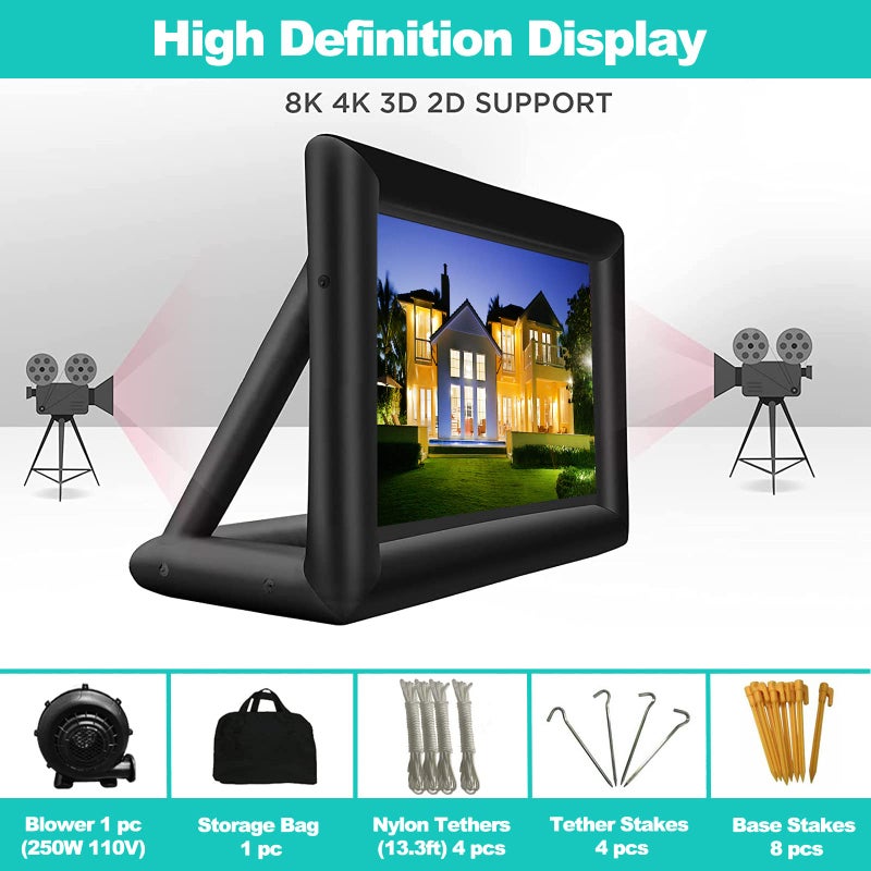 GYUEM 20 feet Inflatable Portable Projector Movie Screen - Huge Air-Blown Cinema Projection Screen Package with Rope, Blower,Tent Stakes - Front & Rear Projection,for Outdoor Party Backyard Pool Fun - Image 2