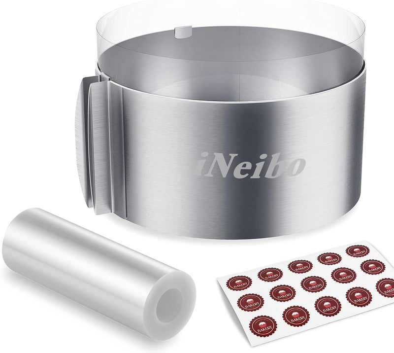 iNeibo طقم حلقة الكعكة وطوق الكعكة، طقم قوالب موس الكعكة القابلة للتعديل من 6 إلى 12 بوصة مع لفافة كعكة شفافة 6 بوصة، حلقة معجنات من الفولاذ المقاوم للصدأ، حلقة موس، قالب حلقة للخبز - Image 1