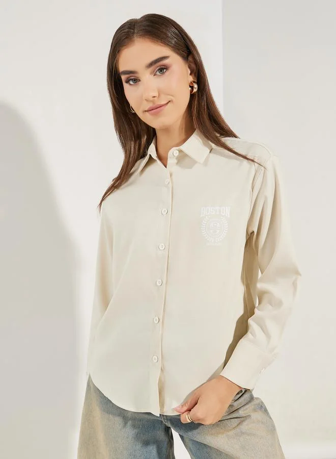 ستايلي Logo Print Chambray Shirt with Buttons